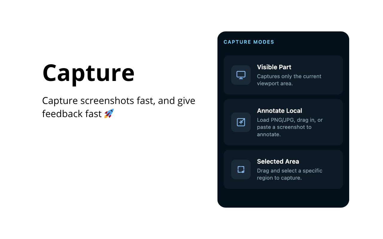 Best Screenshot Capture Modes Interface displaying Visible Part, Annotate Local, and Selected Area options