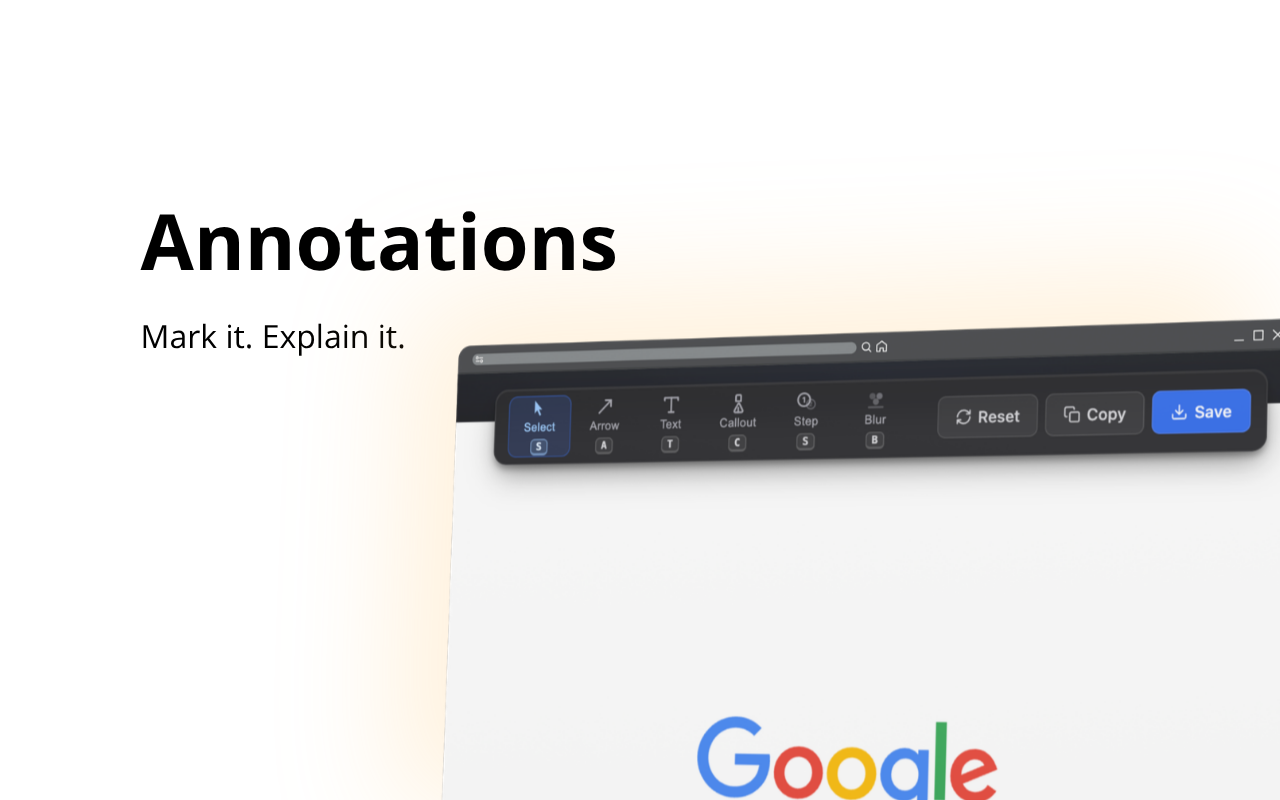 Toolbar showing Selection, Arrow, Text, Callout, Step, and Blur tools
