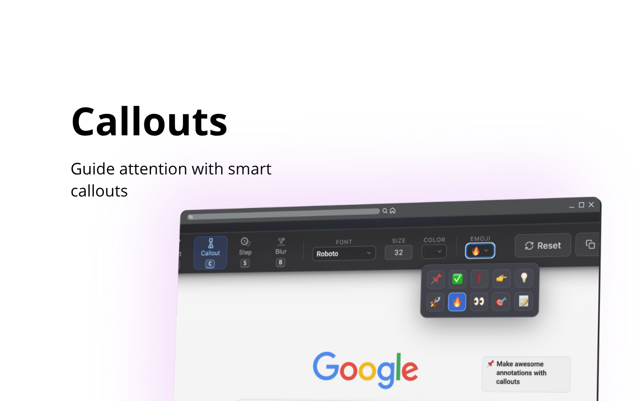 Smart callouts UI showing emoji selection and formatting